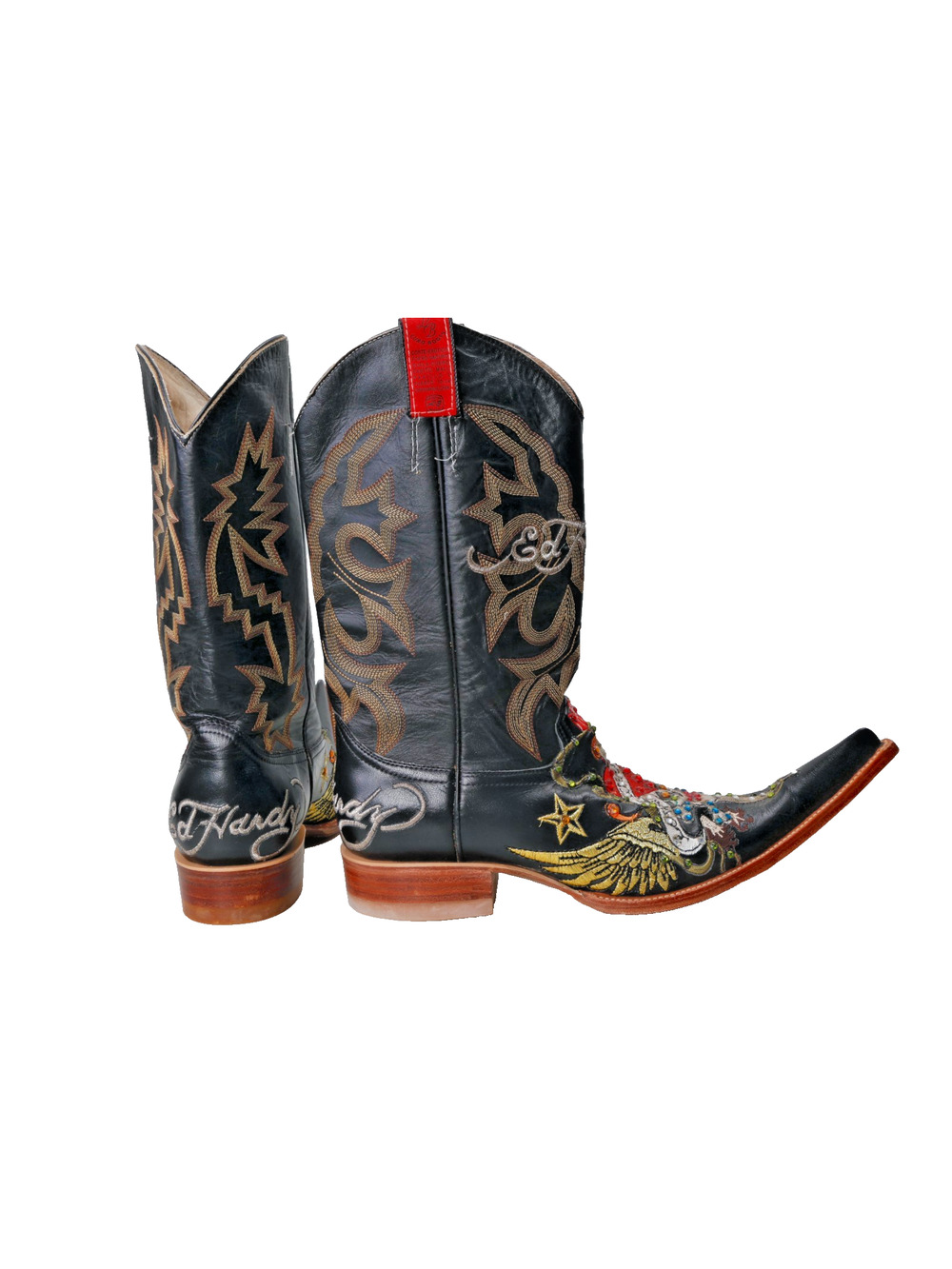 Ed Hardy Cowgirl Boots 10 Black Leather Embroidered Rhinestone Pointed Rare Y2K